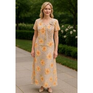 J.B.S. Ltd Beige Leopard Floral Chiffon Dress and Cover Set Size L Romantic Boho